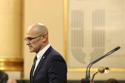 El senador de ERC Ra&uuml;l Romeva, &uacute;nico de los independentistas presos que ha obtenido esca&ntilde;o en la C&aacute;mara Alta, durante la constituci&oacute;n de la XIII Legislatura del Senado.