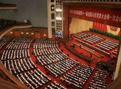 Panorámica del Gran Salón del Pueblo de Pekín antes del comienzo de la primera sesión de la Asamblea Popular Nacional.