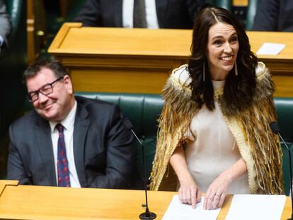 Outgoing New Zealand prime minister Jacinda Ardern gives her valedictory speech in parliament in Wellington on April 5, 2023. (Photo by Mark Coote / AFP)
