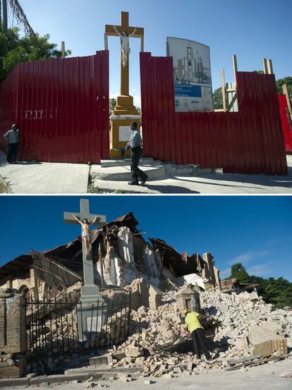 La iglesia del Sagrado Corazón en Puerto Príncipe, el 29 de diciembre de 2014 y el 14 de enero de 2010, dos días después del temblor.