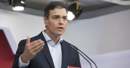 Pedro Sánchez, en roda de premsa a Ferraz.