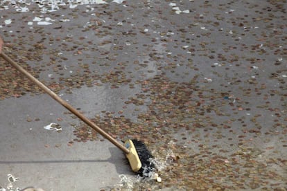 Funcionário da Prefeitura de Roma recolhe algumas das moedas jogadas na Fontana di Trevi, em 2 de maio de 2011.