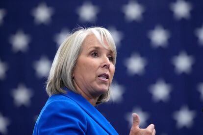 New Mexico Gov. Michelle Lujan Grisham speaks at the Arcosa Wind Towers, on Aug. 9, 2023, in Belen, N.M.