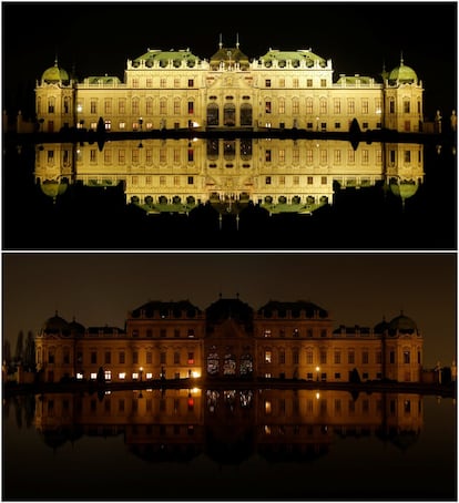 El Palacio de Belvedere y su reflejo en el estanque en Viena, Austria.