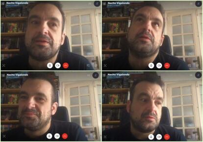 El director Nacho Vigalondo conectando a través de Skype durante la cuarentena.