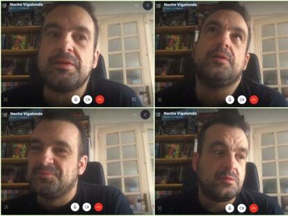 El director Nacho Vigalondo conectando a través de Skype durante la cuarentena.