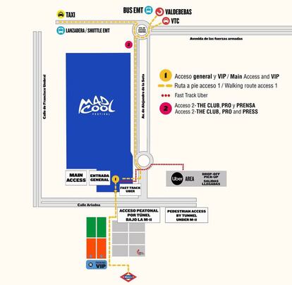 Mapa del recinto y alrededores, donde se puede observar el área reservada para los VTC y los taxis.