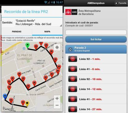 A la izquierda, la aplicación desarrollada por Erezo. A la derecha, la oficial del Área Metropolitana