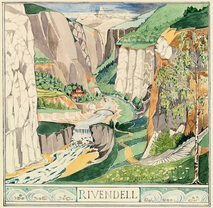 Esta es una acuarela que creó Tolkien para su editor norteamericano. En ella se ve Rivendell, el refugio de los elfos, fundado por Elrond, un medio elfo, (el hijo de la unión entre un humano y una elfa). Al profundo valle que describe en 'El Hobbit' se llega por un sendero empinado y zigzagueante (a la derecha de la imagen). Una vez en el fondo hay que atravesar el puente estrecho de piedra para acceder a La Última Morada, "la última casa acogedora al este del mar".