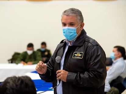 Iván Duque, durante una reunión con autoridades y manifestantes, este lunes en Cali (Colombia).