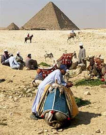 Los egipcios que pasean con sus camellos a los turistas descansan junto a las pirámides a falta de trabajo.