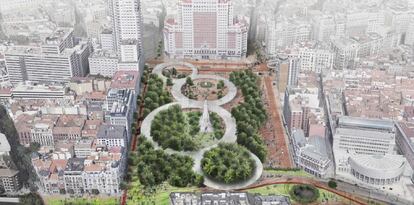 El proyecto ensalza la eliminación de barreras arquitectónicas y devolver la importancia a la vegetación. También propone soterrar el tráfico y expandir los límites de la plaza.
