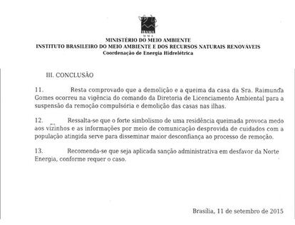 Recorte de parecer técnico do IBAMA sobre a queima de casa da sra. Raimunda.