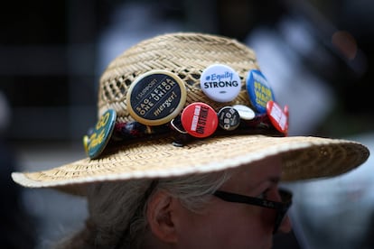 The hat, full of pins and badges, of an actor protesting at a strike picket in Manhattan, New York, on September 28, 2023.