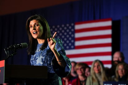 Republican presidential candidate and former U.S. Ambassador to the United Nations Nikki Haley speaks during her New Hampshire presidential primary election night rally, in Concord, NH.