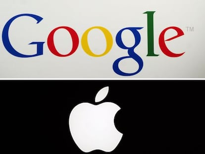 Os logotipos do Google e da Apple em uma apresentação em Nova York