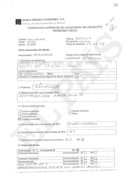 Documento de Banca Privada de Andorra con cuenta de Sylvia Sánchez, esposa de Manlio Fabio Beltrones