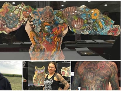 Arriba, la piel tatuada de Chris Wenzel, enmarcada. Abajo, el tatuador, su esposa, Cheryl, y el torso tatuado del hombre.