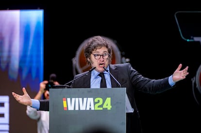 Javier Milei habla durante el acto organizado por Vox en el Palacio de Vistalegre en Madrid.