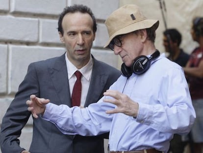 Woody Allen y el actor italiano Roberto Benigni durante el rodaje de &#039;To Rome with love&#039;.