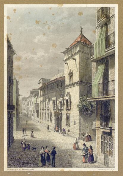 La casa Gralla y perspectiva de la calle Portaferrissa, donde estuvo ubicada hasta su derribo en 1856.