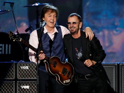 Paul McCartney and Ringo Starr during a 2014 performance in Los Angeles.