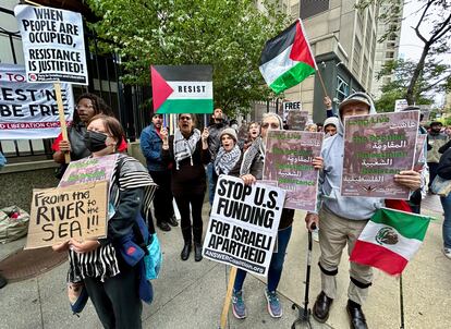 Palestinian-Americans and their supporters protest as the conflict between Israel and the Palestinian militant group Hamas continues, outside the Israeli consulate in downtown Chicago, U.S., October 8, 2023