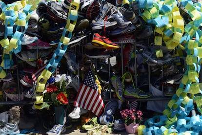 The memorial site in Copley Square to the Boston Marathon bombings is seen on Boylston Street April 30, 2013 in Boston, Massachusetts