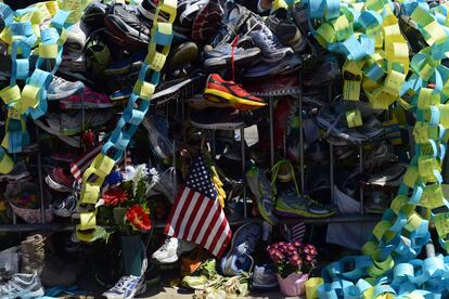 The memorial site in Copley Square to the Boston Marathon bombings is seen on Boylston Street April 30, 2013 in Boston, Massachusetts