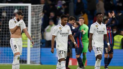 Benzema, Rodrygo y Vinicius, tras la ida de las semifinales de Copa contra el Barcelona.