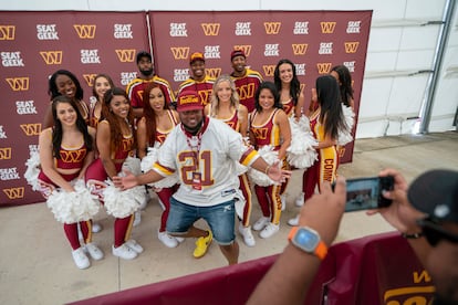 Washington Commanders NFL team fans and cheerleaders participate in a pep rally to celebrate the purchase of the team at FedEx Field in Landover, Maryland, USA, 21 July 2023.