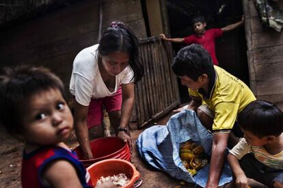 Geveysa Tibi tiene 38 años y desgrana cacao con sus hijos. Vive en una comunidad de 38 familias de etnia tacana en unas tierras ocupadas por comunidades indígenas originarias. El cacao que recogen en el bosque, lo llevan a vender a la cooperativa APARAB. Comunidad de Portachuelo Medio, noreste de Bolivia.