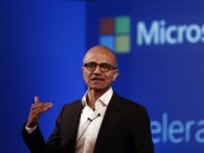 El consejero delegado de Microsoft, Satya Nadella, en una conferencia hoy en Nueva Delhi.