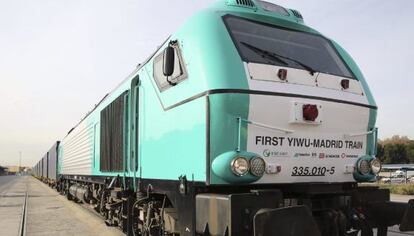 Llegada del primer tren de mercancías directo entre China y España hoy en la estación logística de Abroñigal en Méndez Álvaro.