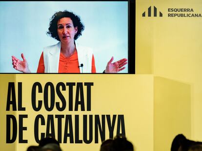 Marta Rovira participa por videoconferencia en un acto de campaña en Girona, en una imagen de archivo.