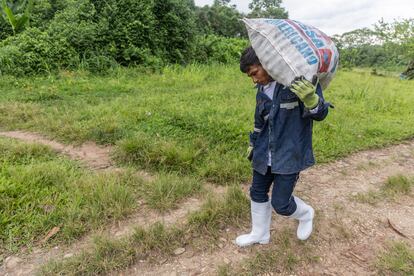 Un saco de aguaje cargado por un indígena del pueblo Awajún.