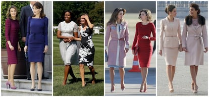 La prensa internacional considera desde hace años a doña Letizia como una de las mujeres más elegantes del mundo. Siempre que en su agenda hay un gran encuentro, las comparaciones son inevitables en los tabloides. De izquierda a derecha: con las entonces primeras damas de Francia, Carla Bruni, en 2009; y EE UU, Michelle Obama; con la reina Rania de Jordania, en 2015; y con la primera dama de Argentina, Juliana Awada, el pasado febrero.