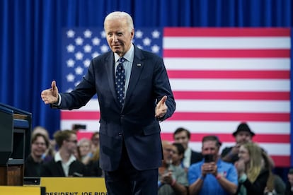 U.S. President Joe Biden gestures after giving remarks, on the day he announced a new plan for federal student loan relief during a visit to Madison Area Technical College Truax Campus, in Madison, Wisconsin, U.S, April 8, 2024.