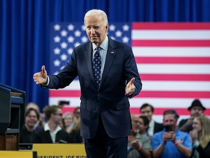 U.S. President Joe Biden gestures after giving remarks, on the day he announced a new plan for federal student loan relief during a visit to Madison Area Technical College Truax Campus, in Madison, Wisconsin, U.S, April 8, 2024.
