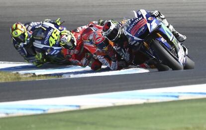 Jorge Lorenzo, Marc M&aacute;rquez, Andrea Lannone y Valentino Rossi, en el circuito de Australia.