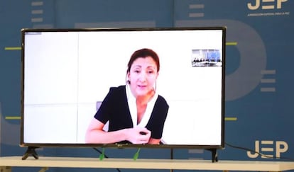 Ingrid Betancourt, durante su comparecencia ante la JEP. 