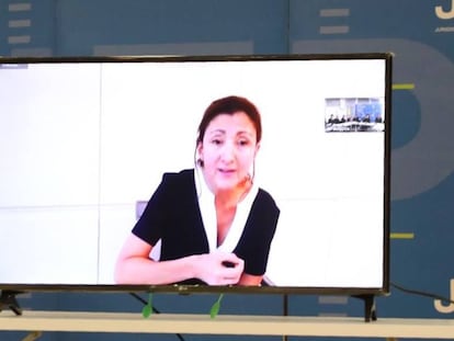 Ingrid Betancourt, durante su comparecencia ante la JEP. 