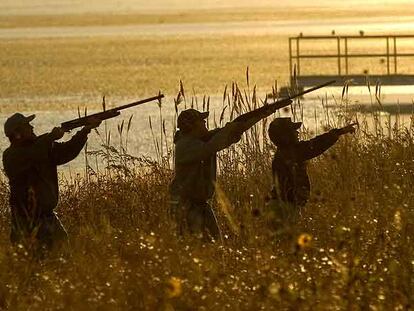 Un grupo de cazadores inicia una jornada de caza al amanecer.