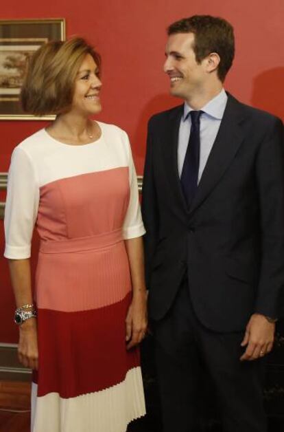 Pablo Casado y María Dolores de Cospedal este lunes en un acto en Madrid.