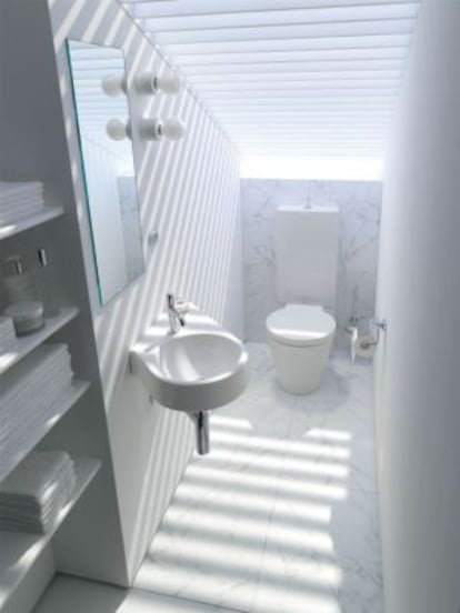 Lavabo Architec en diagonal, con repisa cerámica para espacios irregulares, de Duravit.