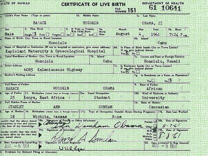 Certificado de nacimiento de Obama, hecho público ayer por la Casa Blanca.