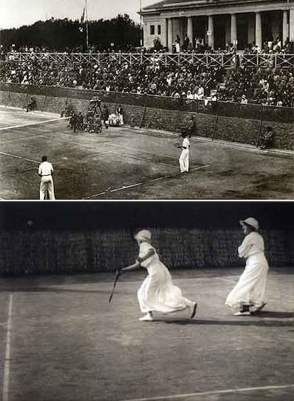 Un partido disputado en 1929 en el Pompeia. Abajo, dos jugadoras practicando tenis. Las fotos aparecen en el libro del Centenario, recogidas a su vez de <i>Història il.lustrada de l&#39;esport català</i><b>, de</b> Xavier Pujadas y Carles Santacana.
