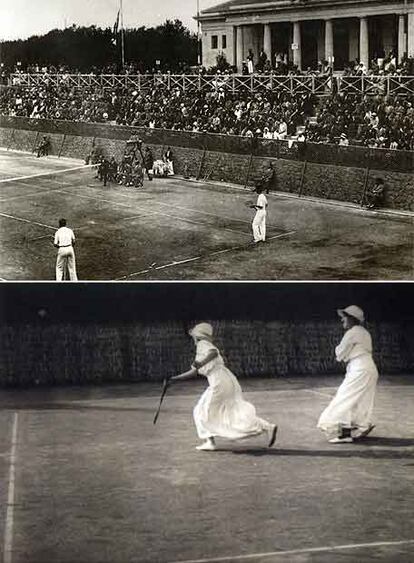 Un partido disputado en 1929 en el Pompeia. Abajo, dos jugadoras practicando tenis. Las fotos aparecen en el libro del Centenario, recogidas a su vez de <i>Història il.lustrada de l'esport català</i><b>, de</b> Xavier Pujadas y Carles Santacana.