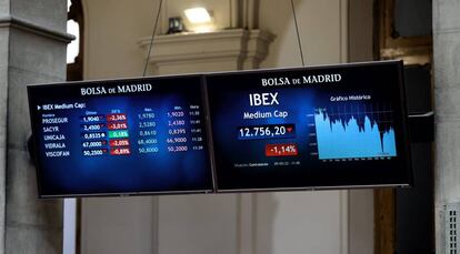 Dos paneles del Ibex 35 en el Palacio de la Bolsa