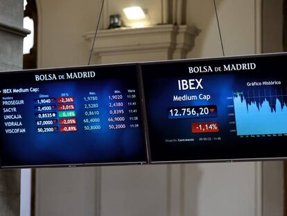 Dos paneles del Ibex 35 en el Palacio de la Bolsa